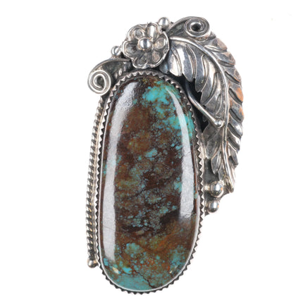 sz7.5 Large 1970's Navajo sterling silver long turquoise ring brown matrix - Estate Fresh Austin