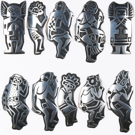 Bernard Dawahoya (1936-2010) Hopi Overlay Kachina pin collection sterling silver - Estate Fresh Austin