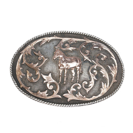 c1960's Vogt Solid 10k gold on Sterling silver Horse trophy style belt buckle - Estate Fresh Austin