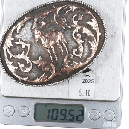 c1960's Vogt Solid 10k gold on Sterling silver Horse trophy style belt buckle - Estate Fresh Austin