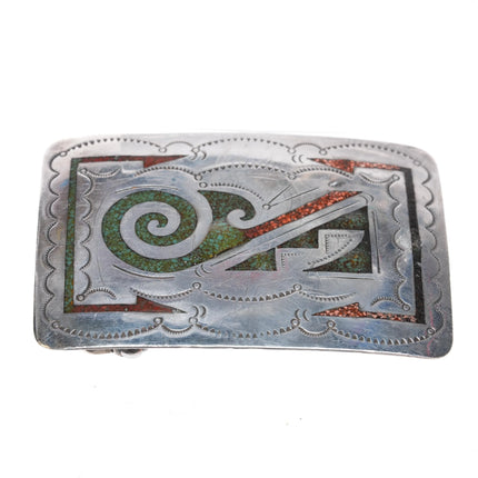 Vintage sterling silver Navajo chip inlay belt buckle - Estate Fresh Austin
