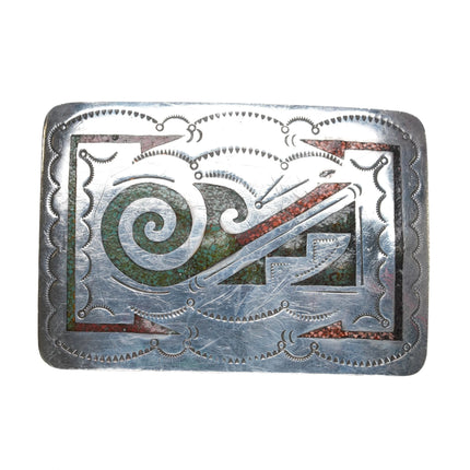 Vintage sterling silver Navajo chip inlay belt buckle - Estate Fresh Austin