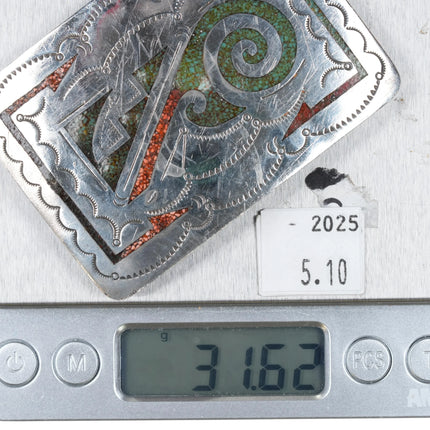 Vintage sterling silver Navajo chip inlay belt buckle - Estate Fresh Austin