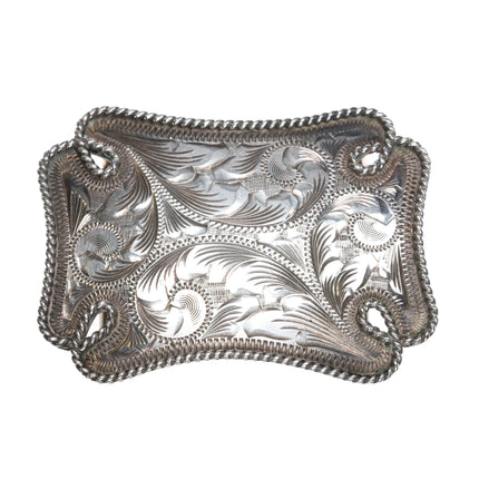 70's-80's Vintage Vogt hand engraved sterling silver belt buckle with rope edge - Estate Fresh Austin