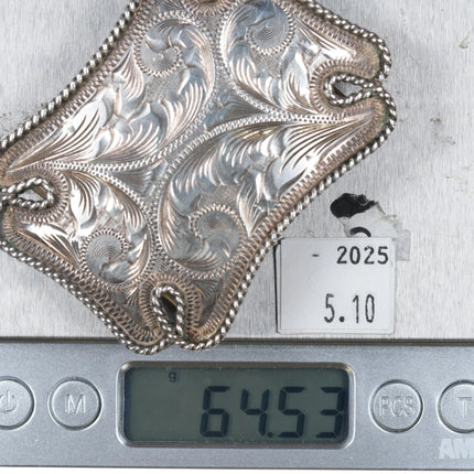 70's-80's Vintage Vogt hand engraved sterling silver belt buckle with rope edge - Estate Fresh Austin