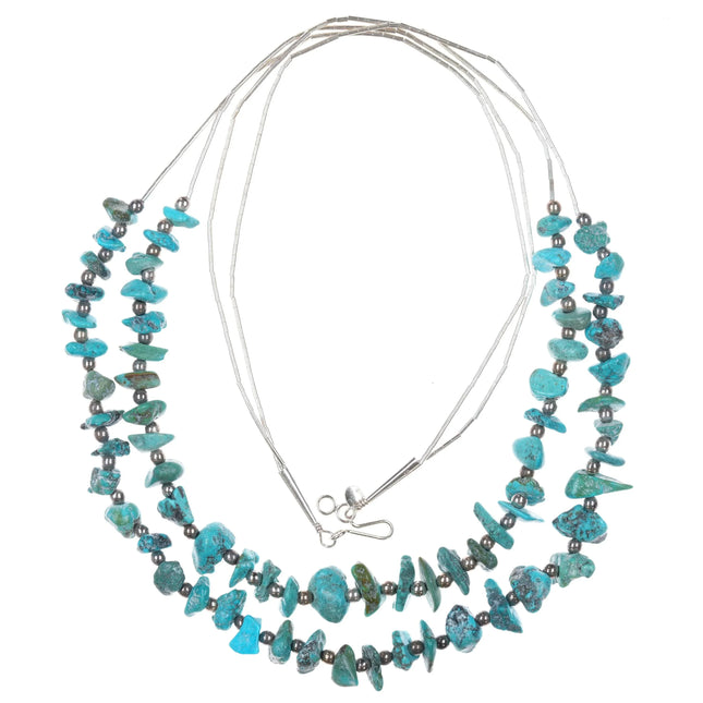 2 strand Southwestern sterling liquid silver turquoise nugget beads necklace - Estate Fresh Austin