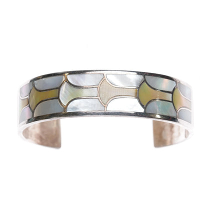6.5" SMC Zuni Sabin M Chavez Multi-color mother of pearl inlay sterling silver cuff bracelet - Estate Fresh Austin