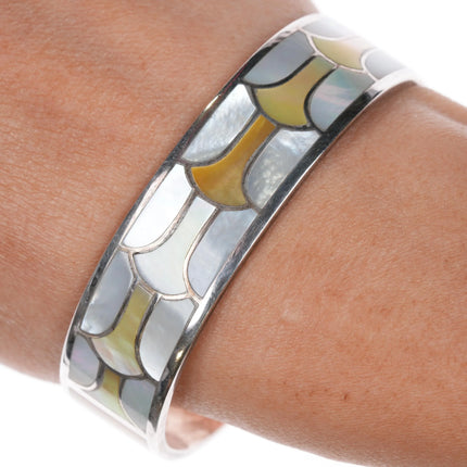 6.5" SMC Zuni Sabin M Chavez Multi-color mother of pearl inlay sterling silver cuff bracelet - Estate Fresh Austin
