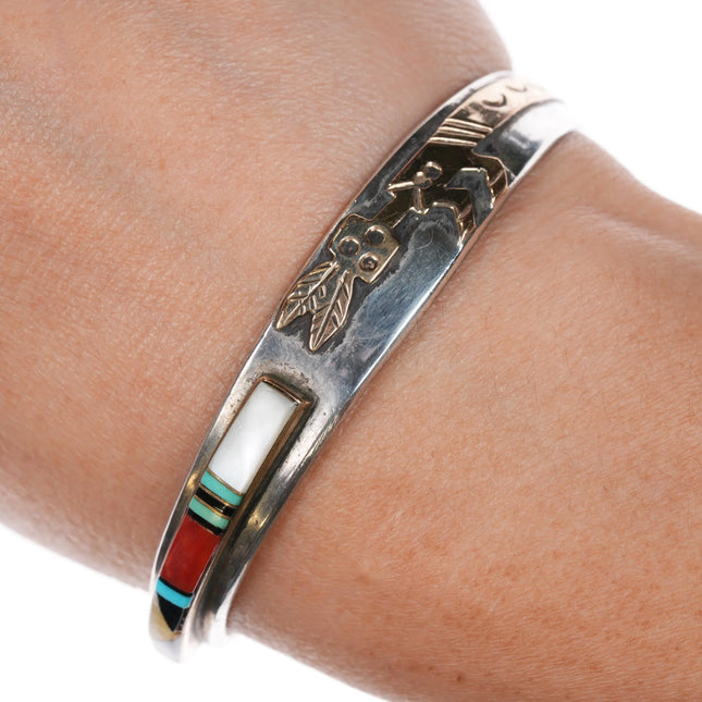 6.35" Zuni sterling silver inlaid gold filled Yei cuff bracelet - Estate Fresh Austin