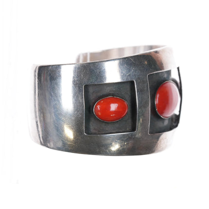 6.5" Southwestern Modernist sterling silver Mediterranean coral cuff bracelet - Estate Fresh Austin