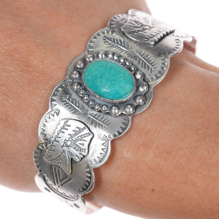 6.6" 40's-50's Fred Harvey style Indian Chief sterling turquoise cuff bracelet - Estate Fresh Austin