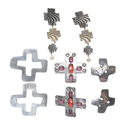 1990's Santa Fe Artisan Multi Gemstone sterling silver cross earrings collection - Estate Fresh Austin