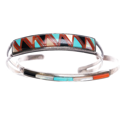 6.25"-6.5" 4 Navajo Carinated/Zuni Inlay sterling silver stacking cuff bracelets - Estate Fresh Austin