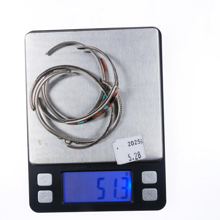 6.25"-6.5" 4 Navajo Carinated/Zuni Inlay sterling silver stacking cuff bracelets - Estate Fresh Austin