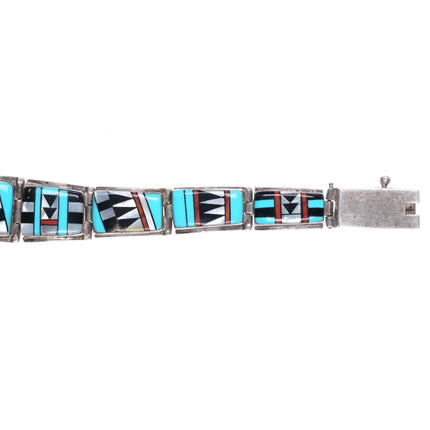 7" BL Southwestern Sterling silver intarsia multi-stone inlay link bracelet - Estate Fresh Austin