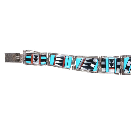 7" BL Southwestern Sterling silver intarsia multi-stone inlay link bracelet - Estate Fresh Austin