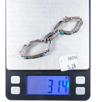 7" BL Southwestern Sterling silver intarsia multi-stone inlay link bracelet - Estate Fresh Austin