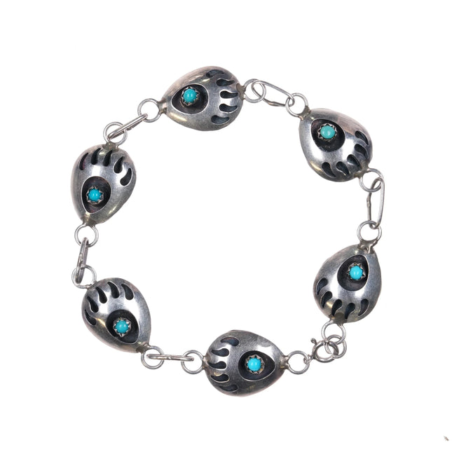 7.25" Vintage Navajo sterling silver turquoise bear paw shadowbox link bracelet - Estate Fresh Austin