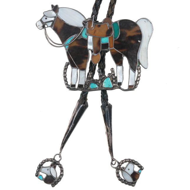 c1960 c-31 Nora Leekity Zuni carved Shell, Turquoise, coral Large Horse bolo tie - Estate Fresh Austin