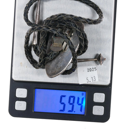 c1970 Large Navajo sterling silver Ceremonial Kingman turquoise bolo tie - Estate Fresh Austin