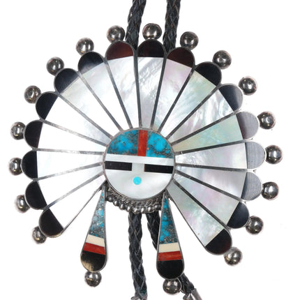 Huge c1960 c-31 Zuni sunface sterling silver Morenci Turquoise, coral bolo tie - Estate Fresh Austin