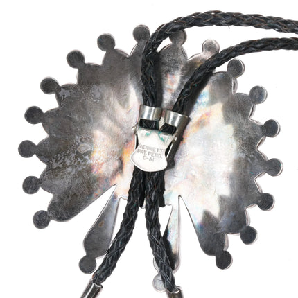 Huge c1960 c-31 Zuni sunface sterling silver Morenci Turquoise, coral bolo tie - Estate Fresh Austin