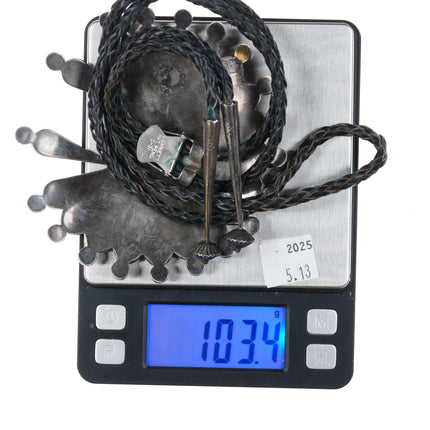 Huge c1960 c-31 Zuni sunface sterling silver Morenci Turquoise, coral bolo tie - Estate Fresh Austin