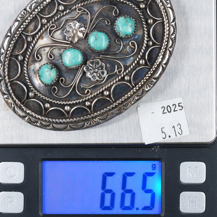 1970's W Navajo sterling silver belt buckle w/ 4 turquoise stones - Estate Fresh Austin