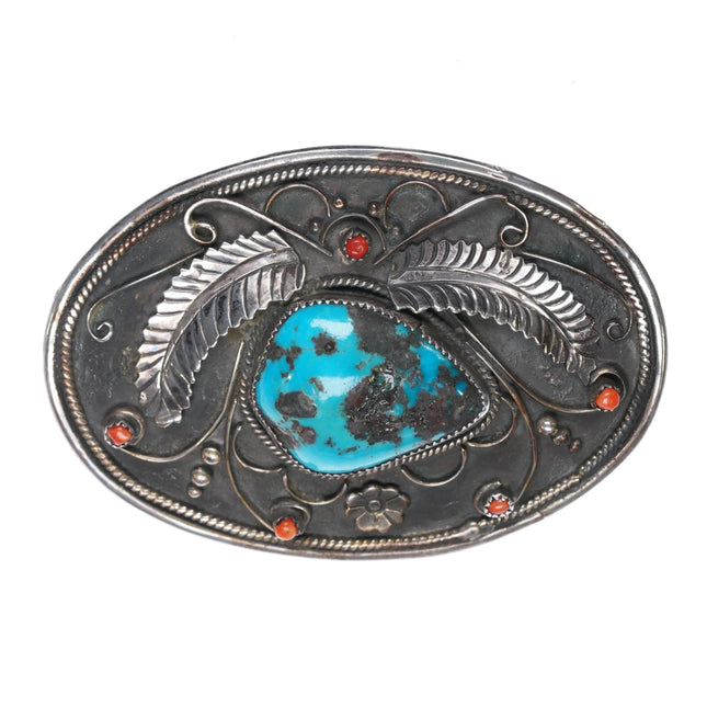 1970's W Navajo sterling silver belt buckle w/ 5 corals & turquoise stone - Estate Fresh Austin