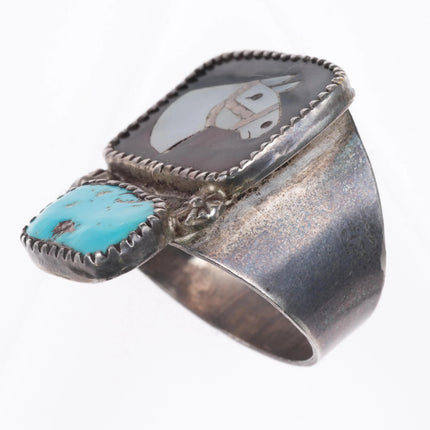 sz11.5 Mike Simplicio Zuni sterling silver Horse intarsia inlay turquoise ring - Estate Fresh Austin