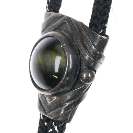 Vintage modernist Rancho Alegre Sterling silver green tiger's eye bolo tie - Estate Fresh Austin