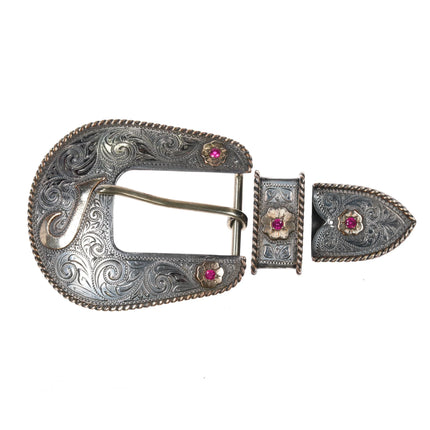 1999 Sterling silver/10k gold rubies ranger belt buckle set J initial Monogram - Estate Fresh Austin