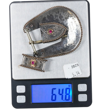 1999 Sterling silver/10k gold rubies ranger belt buckle set J initial Monogram - Estate Fresh Austin