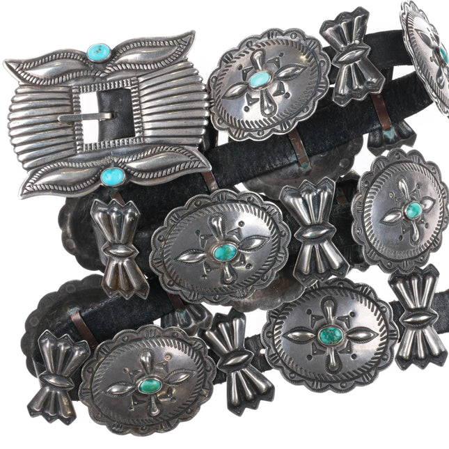 c1940 Navajo stamped/repousse butterfly concho belt sterling silver turquoise - Estate Fresh Austin