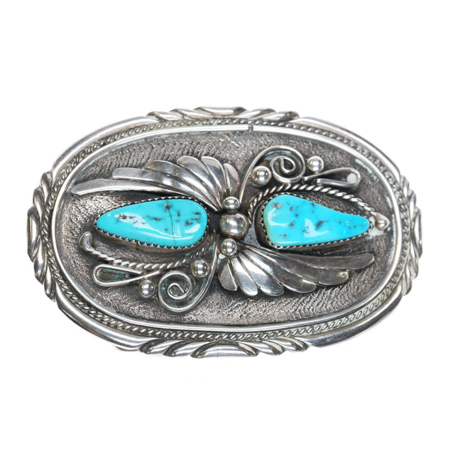 P Vintage Navajo sterling silver belt buckle with two turquoise stones - Estate Fresh Austin