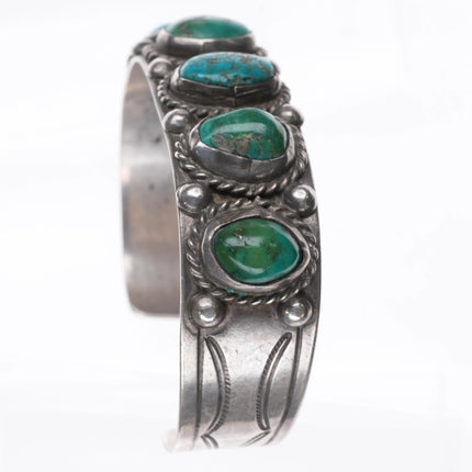 7" Vintage Navajo 1940's turquoise row cuff bracelet rope bezels sterling silver - Estate Fresh Austin