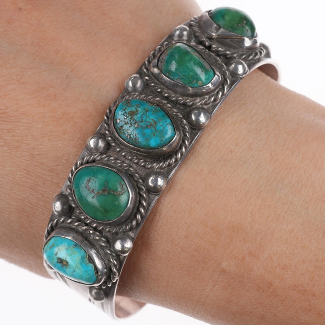 7" Vintage Navajo 1940's turquoise row cuff bracelet rope bezels sterling silver - Estate Fresh Austin