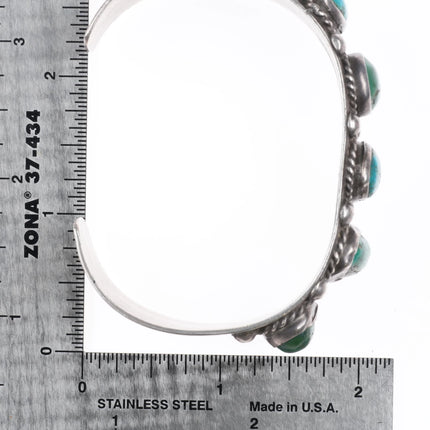 7" Vintage Navajo 1940's turquoise row cuff bracelet rope bezels sterling silver - Estate Fresh Austin