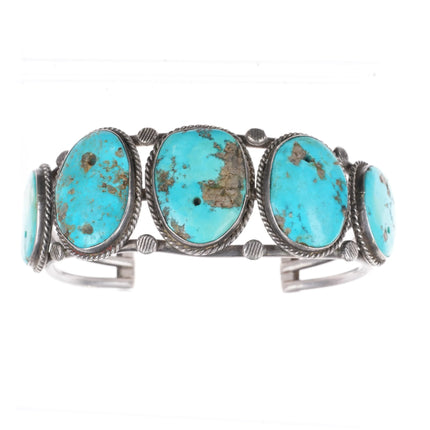 7" Vintage Navajo 1940's large turquoise row cuff bracelet rope bezel bead stone - Estate Fresh Austin