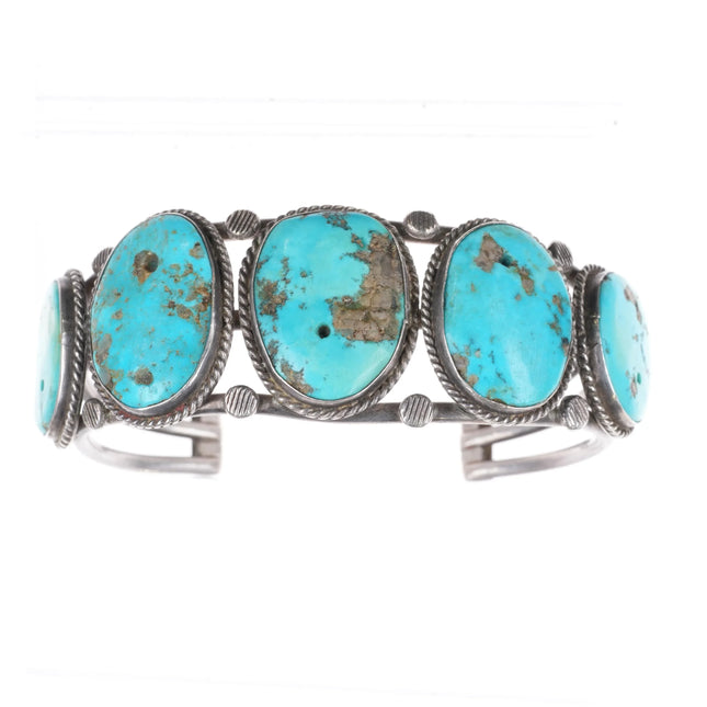 7" Vintage Navajo 1940's large turquoise row cuff bracelet rope bezel bead stone - Estate Fresh Austin