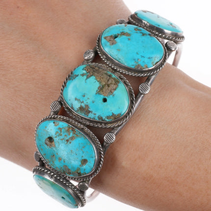 7" Vintage Navajo 1940's large turquoise row cuff bracelet rope bezel bead stone - Estate Fresh Austin
