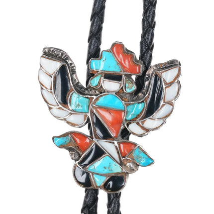 c1950 Zuni Stone inlaid sterling silver Knifewing bolo tie turquoise/coral - Estate Fresh Austin