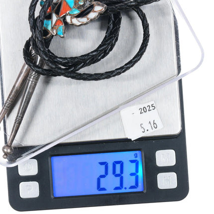 c1950 Zuni Stone inlaid sterling silver Knifewing bolo tie turquoise/coral - Estate Fresh Austin