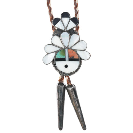 c1950 Zuni Stone/shell inlaid sterling silver sunface bolo tie turquoise - Estate Fresh Austin
