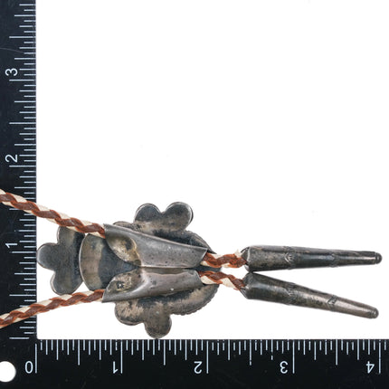 c1950 Zuni Stone/shell inlaid sterling silver sunface bolo tie turquoise - Estate Fresh Austin