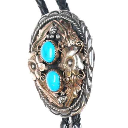 1980's MT, RRB Navajo sterling silver gold filled turquoise bolo tie vintage - Estate Fresh Austin