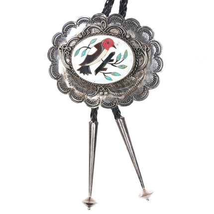 c1970 Large Vintage Hand Stamped sterling silver inlaid shell Bird bolo tie - Estate Fresh Austin