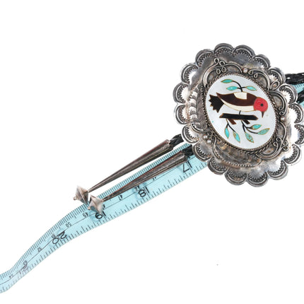 c1970 Large Vintage Hand Stamped sterling silver inlaid shell Bird bolo tie - Estate Fresh Austin