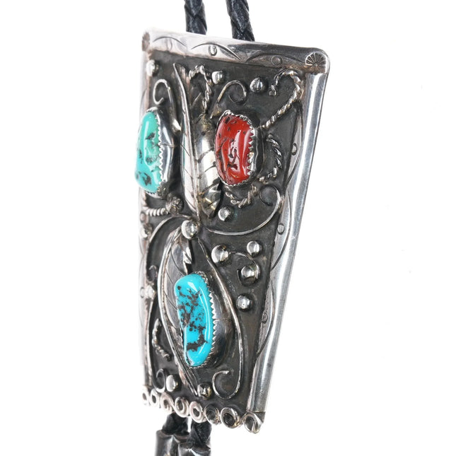 c1970 Vintage John Barbone Navajo sterling silver turquoise/coral bolo tie - Estate Fresh Austin