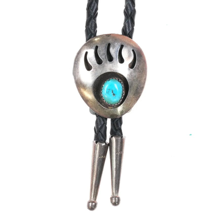 c1980's Vintage Navajo sterling silver turquoise bear paw shadowbox bolo tie - Estate Fresh Austin